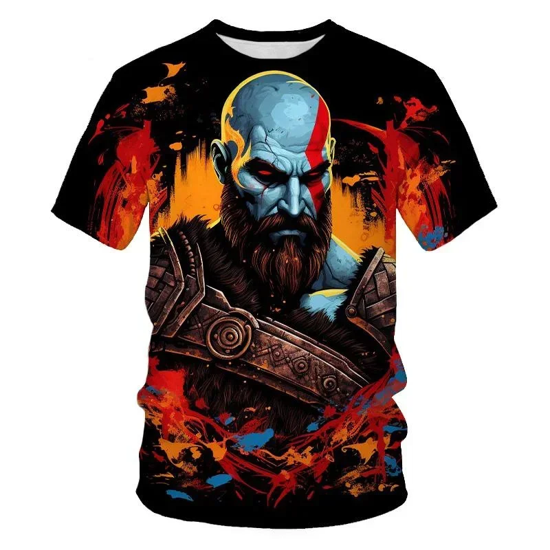 3D Printed Round Neck Men\'s T-shirt, God of War Game Character, Hip-hop Trend, Harajuku Street Clothes, Short Sleeve, Fashion