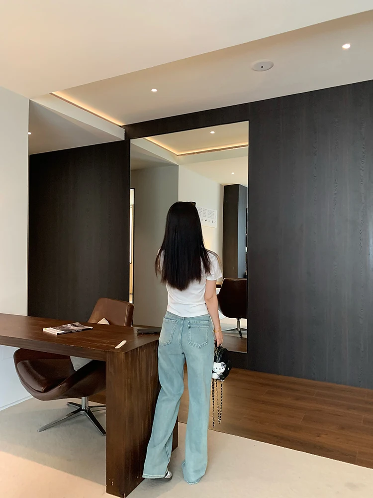 

Широкие джинсы из шелка с высокой талией, прямые, весенние, женские, модные, простые, светлые, из неэластичной ткани