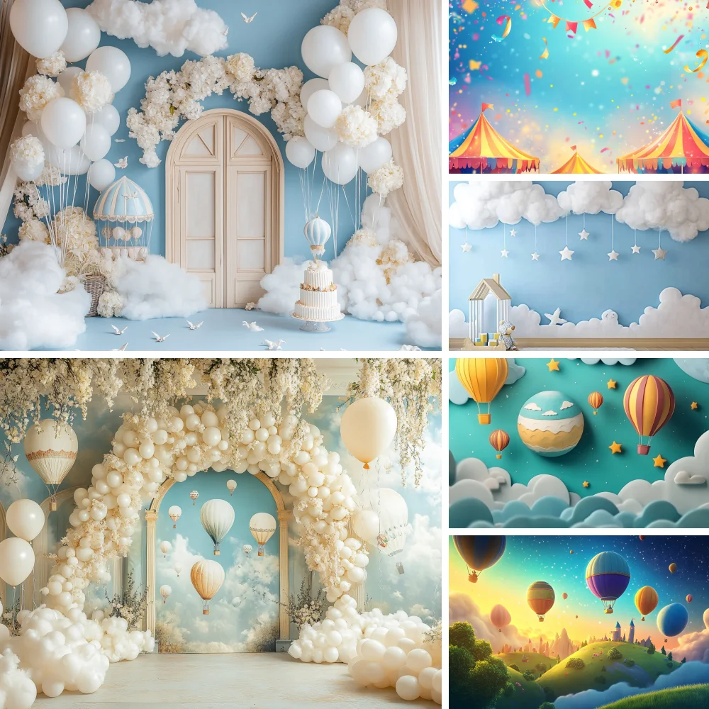 

Newborn Baby First Birthday Backdrop Photography Hot Air Balloons Blue Wall Boy Birthday Party Decor Background Photobooth Props