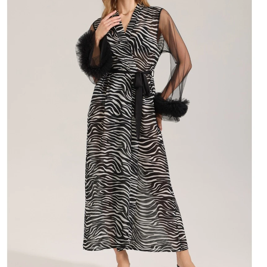 

Women Sexy Mesh Robe Long Sleeve Zebra Print Patchwork Lightweight Sleepwear with Waist Belt Loungewear