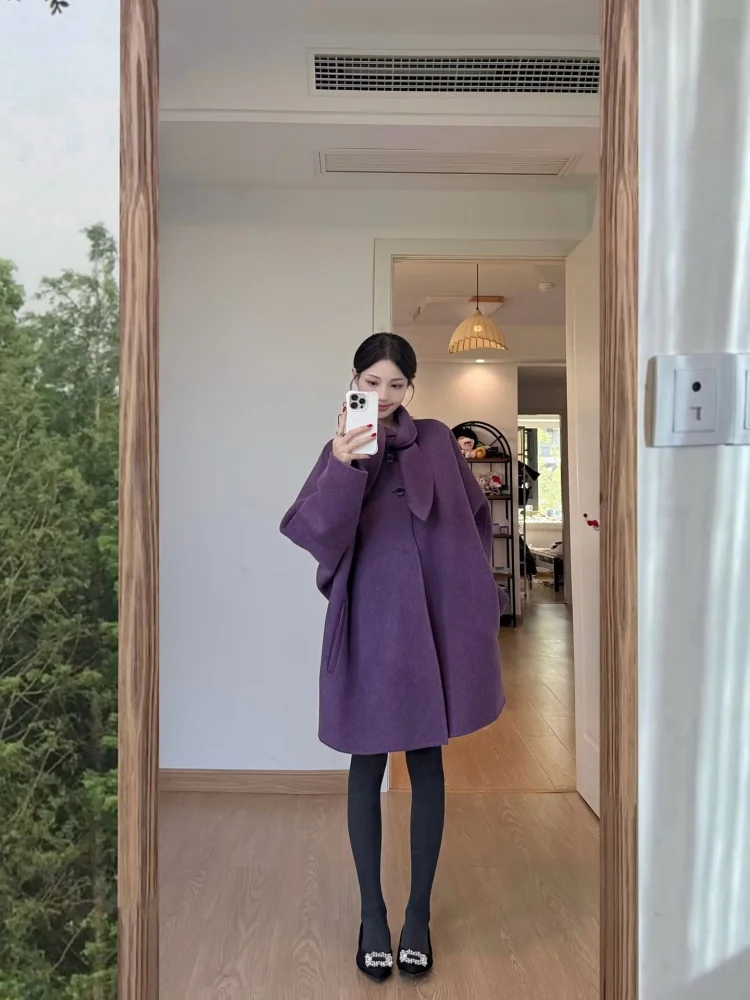 

Purple Double-Sided Woolen Coat Women's Winter Faion ort Sle Scarf Collar Jaet Sweet Sle Loose Fit Online Exclusive