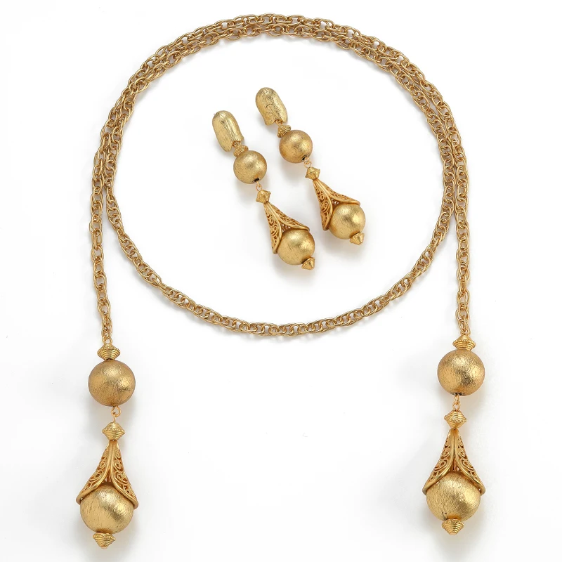 Vintage Gold Color Frosted Hollow Ball Jewelry Sets Necklace Earrings Luxury Retro Classic Elegant Brand Daily Gifts For Women