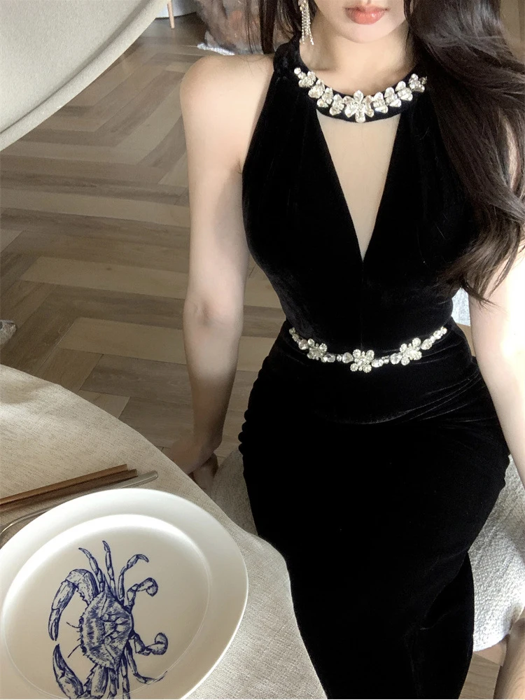 فستان سهرة رسمي مثير عتيق للنساء أنيق أسود رسن بقماش شفاف لصق ذيل السمكة رداء نسائي للحفلات فيستدوس فييستا