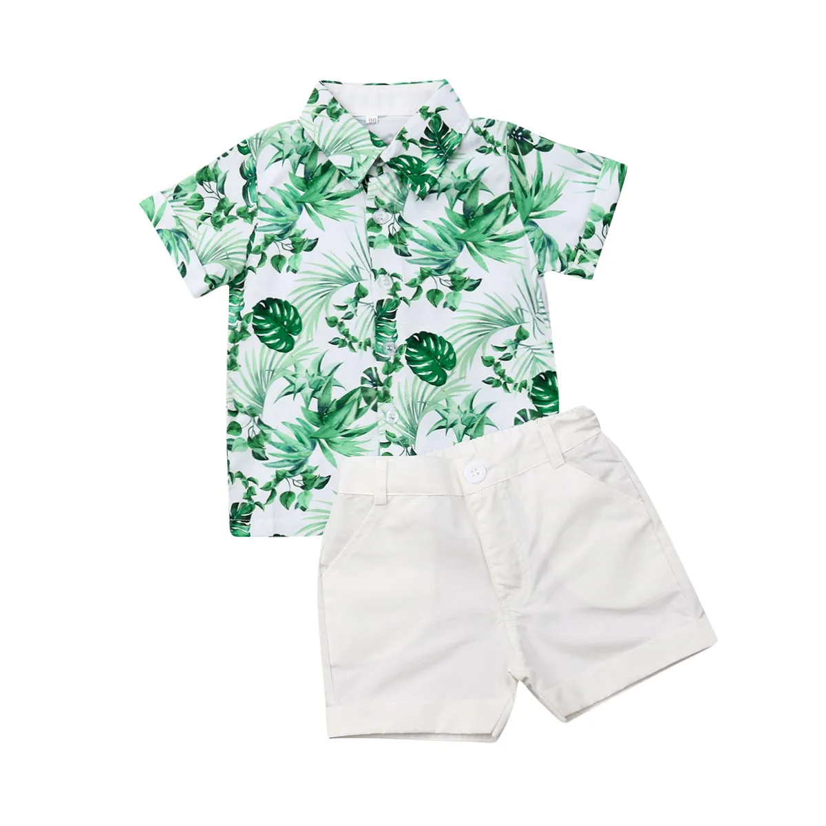 Toddler Boy s 2-Piece Summer Outfit Set with Short Sleeve Leaf Print Button Down Shirt and White Shorts for a Stylish Look