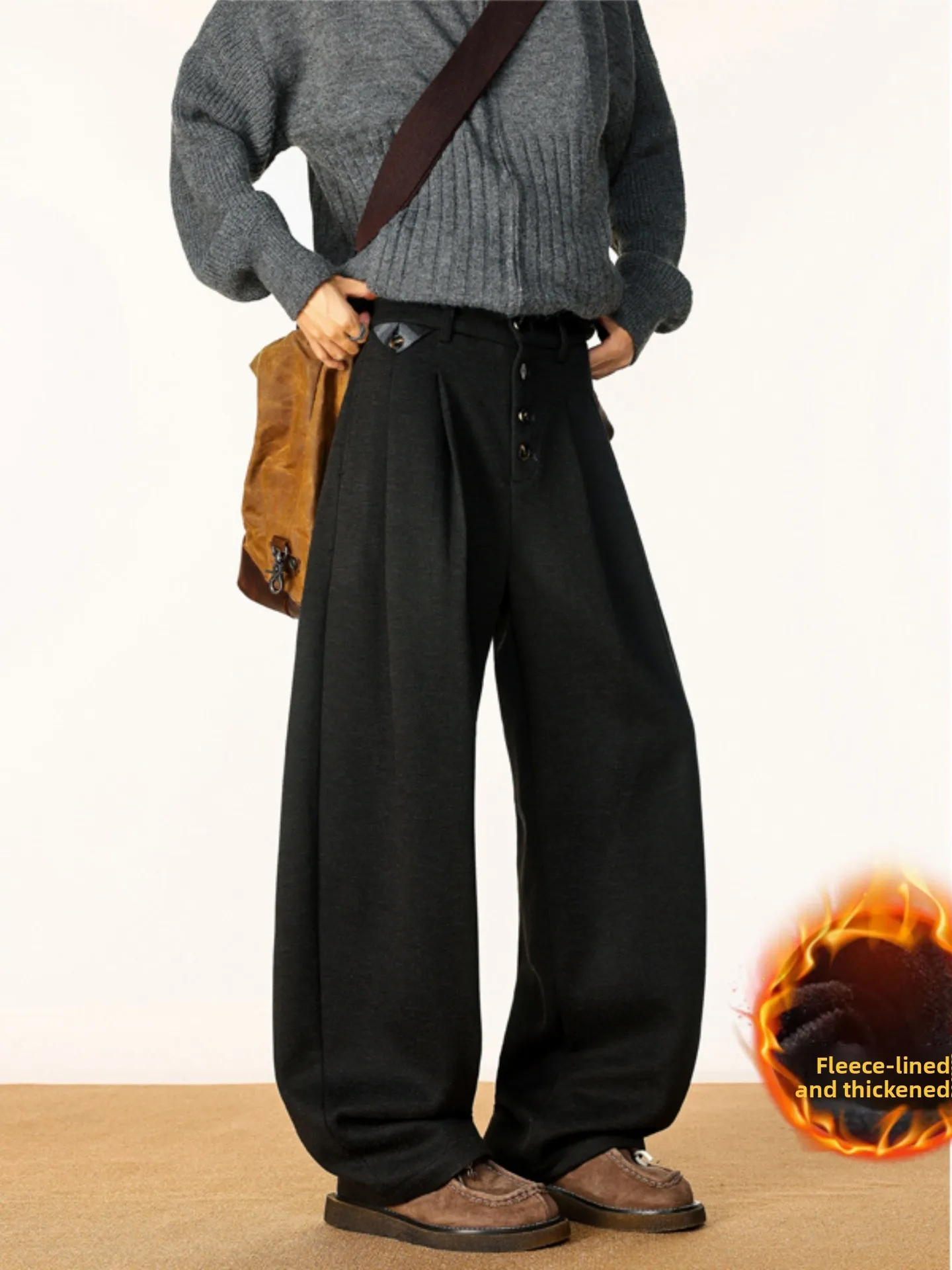 

Thiened Fce Men's Casual Pants Winter Warm Loose Fit Drapey Wide Leg Knife Trousers Clean Fit Sle Polyester Fiber