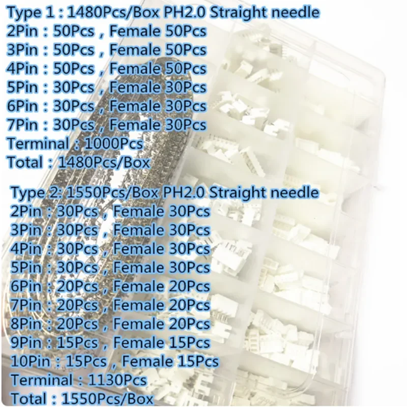 

1480Pcs/Box JST PH2.0mm Pitch Terminals Kit 2P3P4P5P6P7P8P9P10 Pin Male Female Plug Plastic Housing Header Crimp Wire Connector