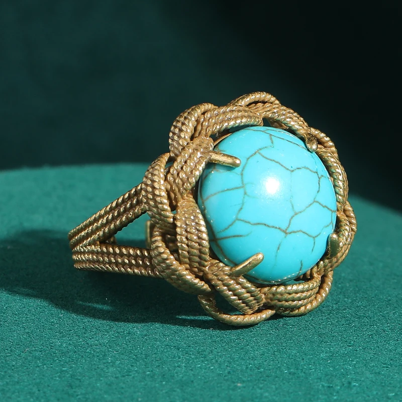 Vintage Turquoise Ring Blue Round Natrual Stone Antique Gold Color Weave Accessories For Woman Luxury Quality Bohemian Jewelry
