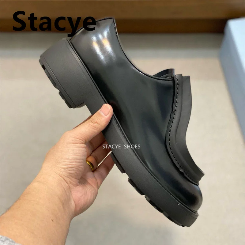 2024New Brand Designed Natural Leather Black Platform Lace-up Women's Loafers 2024 New Quality Fashion Office Men's Casual Shoes