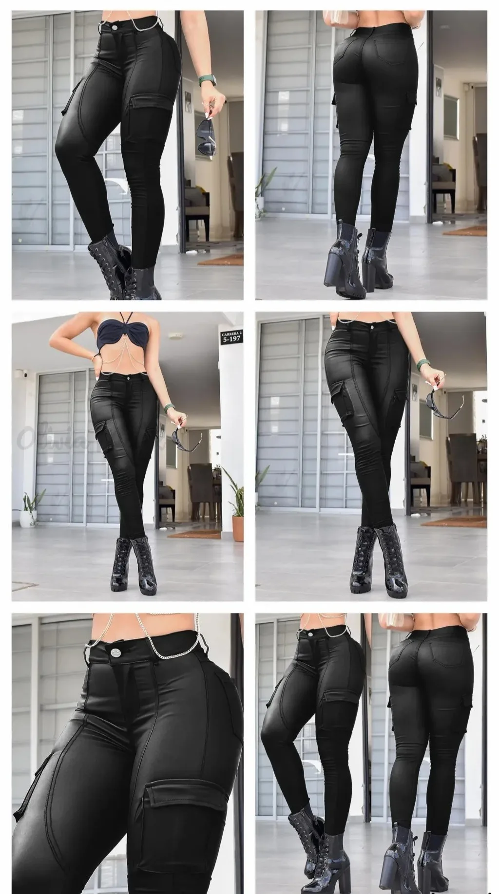 2024 pantalones largos de cuero de tiro bajo con bolsillo a la moda europea y americana, pantalones casuales ajustados negros mate, pantalones