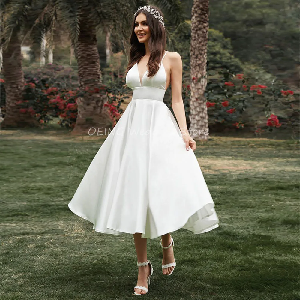 Short Wedding Dress 2023 Spaghetti Straps V Neck Backless Midi Sexy Wedding Gowns Satin A Line Tea Length Simple Robe De Mariée