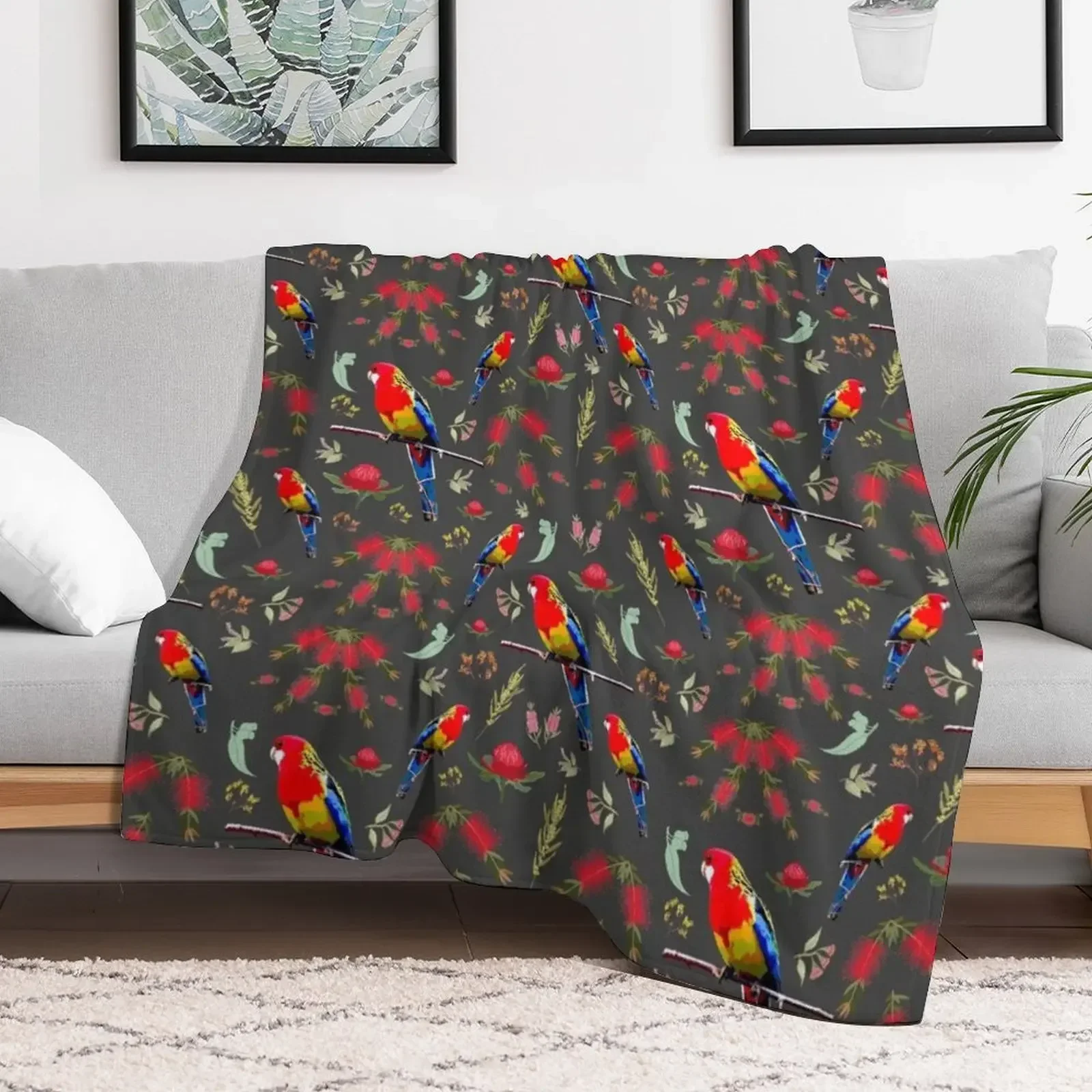 Australiana Rosella Garden - charcoal grey Throw Blanket decorative sofa bed Blankets