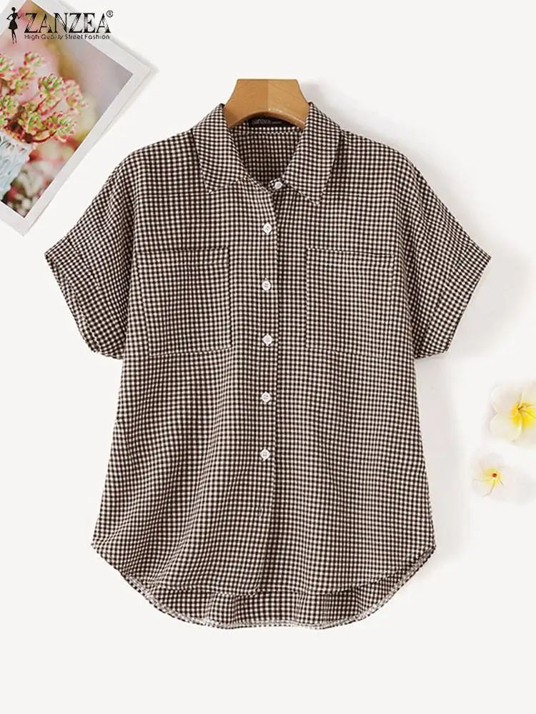 ZANZEA Women Vintage Gingham Shirts 2024 Summer Casual Loose Short Sleeve Turn-down Collar Blouses Fashion Rounded Hem Camisas