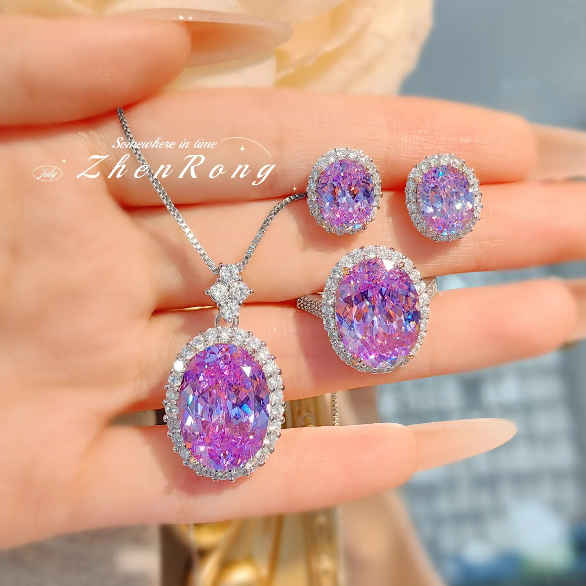 Foydjew Luxury Oval Ice Flower Cut Purple/Orange Cubic Zirconia Pendant Necklaces Earrings Rings Wedding Jewelry Sets For Women