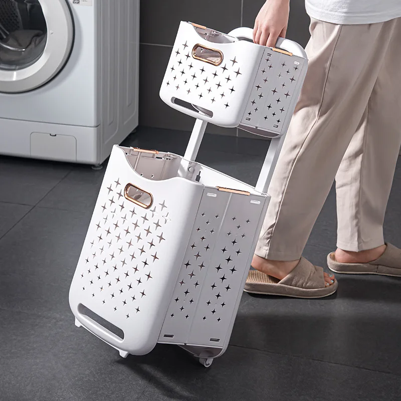 

Double foldable laundry basket Household sorting bathroom with pulley no punch wall type