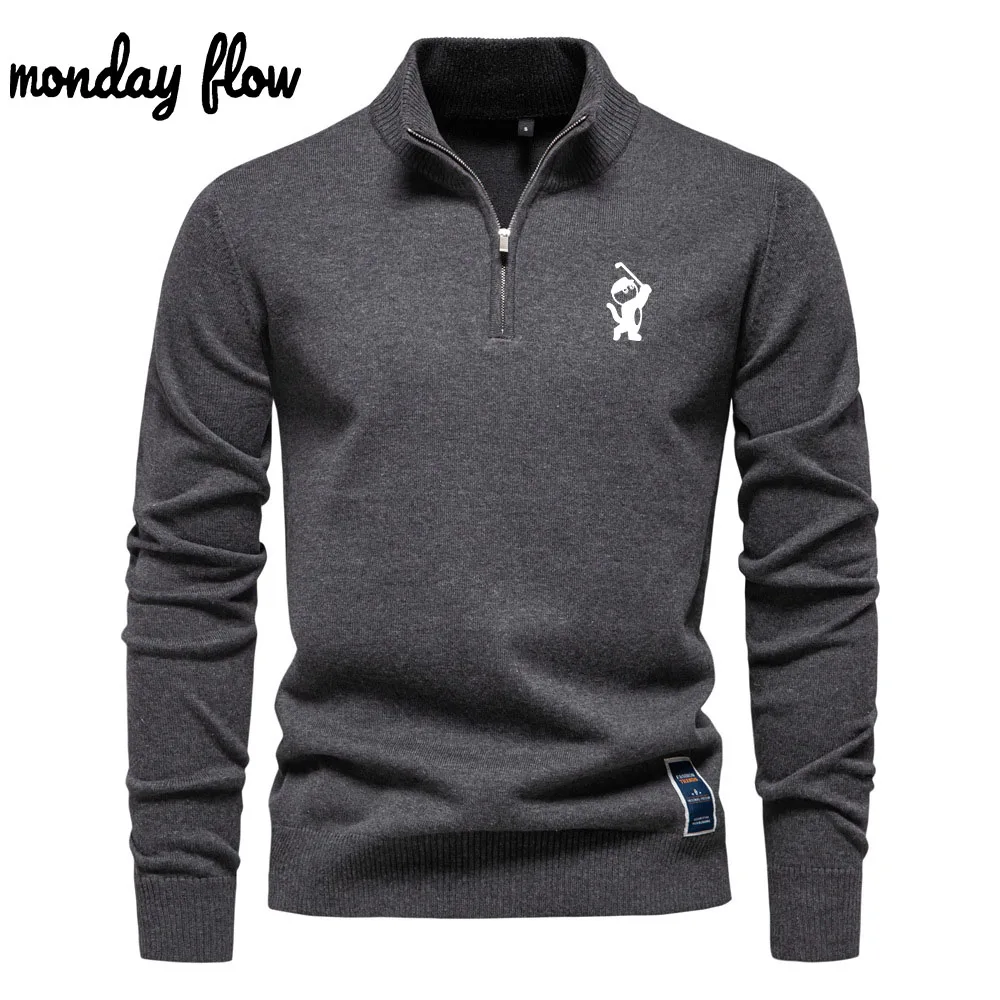 Monday Flow Winter Velvet Half Zipper Stand-up Collar Golf Pullover Solid Color Casual Golf Sweater Men's Trend Golf Jackets