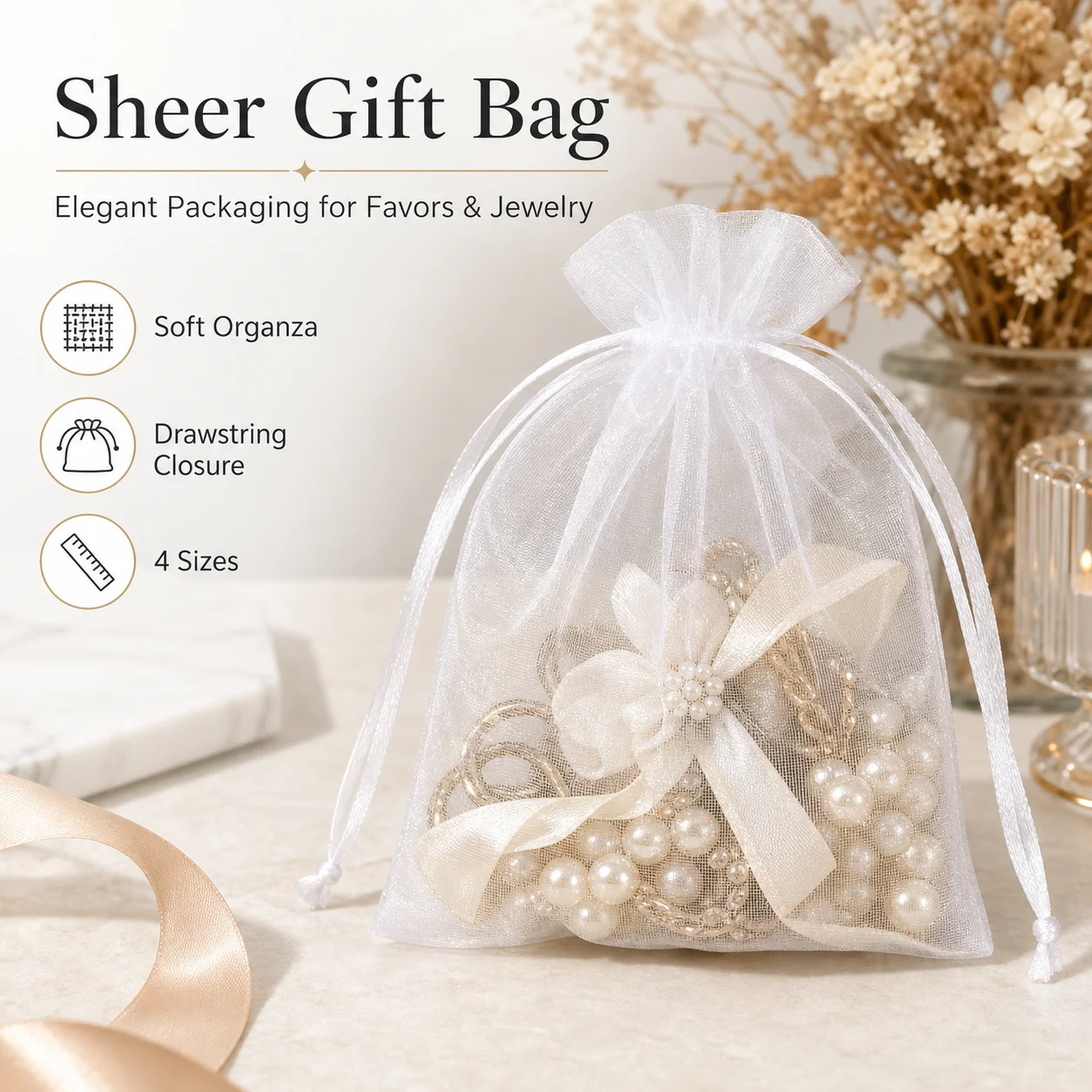 20 Stück weiße Organza-Geschenktüten mit Kordelzug – Schmuckverpackungsbeutel für Hochzeiten, Babypartys, Weihnachten und Halloween-Partys