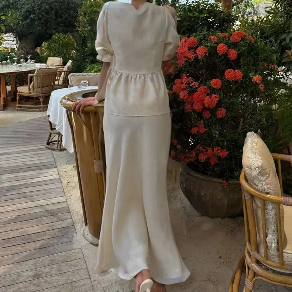 Fashion V-Neck Women's Cotton Dresses Lace-Up Bubble Sleeve Shirt Long Skirt Set Loose Casual Two-Piece Dress Suit Women