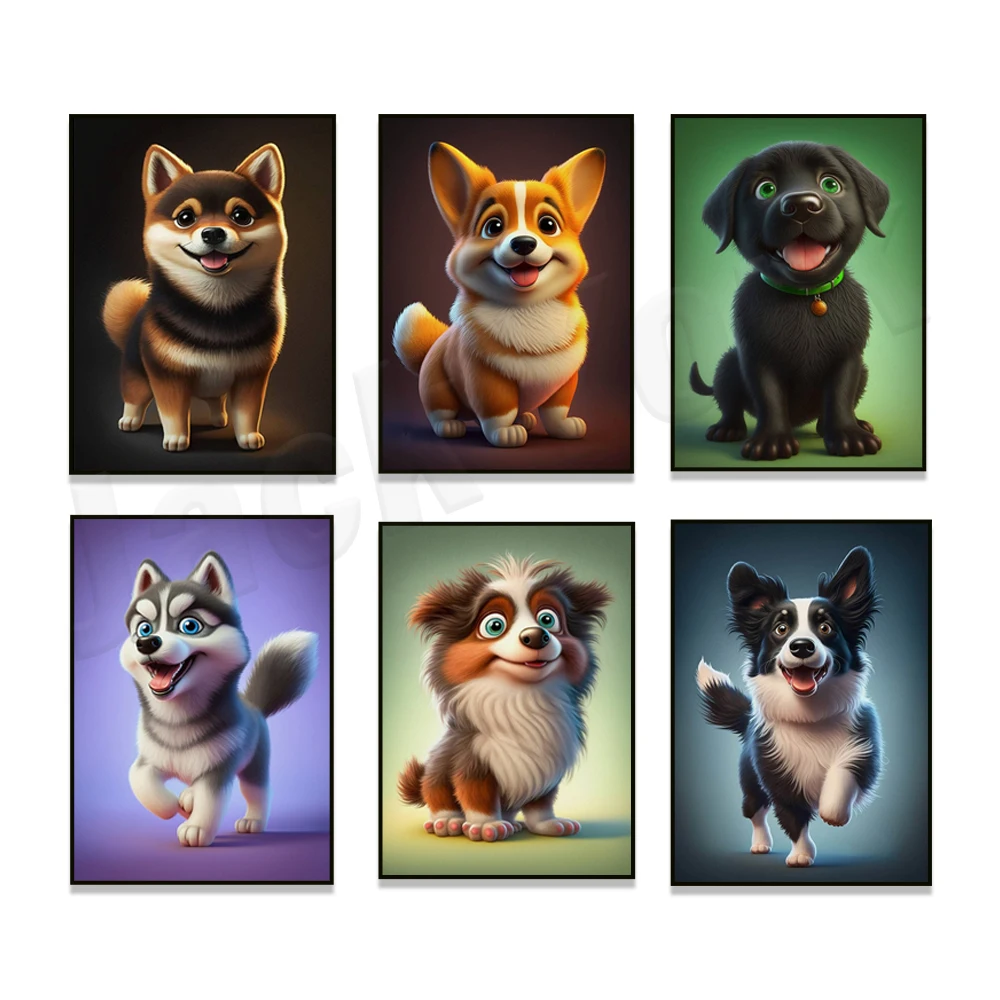 Cute shiba inu, labrador retriever, corgi, siberian husky, australian shepherd, boston terrier, border collie, pug animal poster