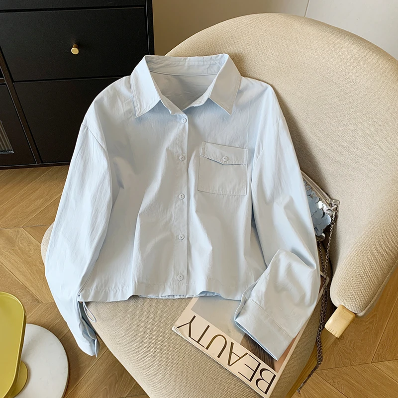 

White Cotton Long Sleeve Shirt for Women Spring Autumn New Korean Style Pocket Lapel Coats Single Breasted Breathable Tops