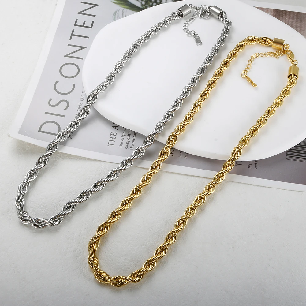 6mm 8mm Gold Plated Silver Color Twisted Rope Stainless Steel Chain Cuban Bracelet Necklace Jewelry Set for Men Women Wholesales