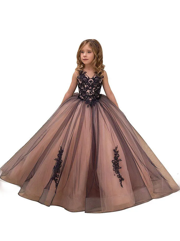 Xunbei First Communion Dress Flower Girl For Wedding Black Princess Halloween Ball Gown Kids Lace Appliques Pageant Party Skirts