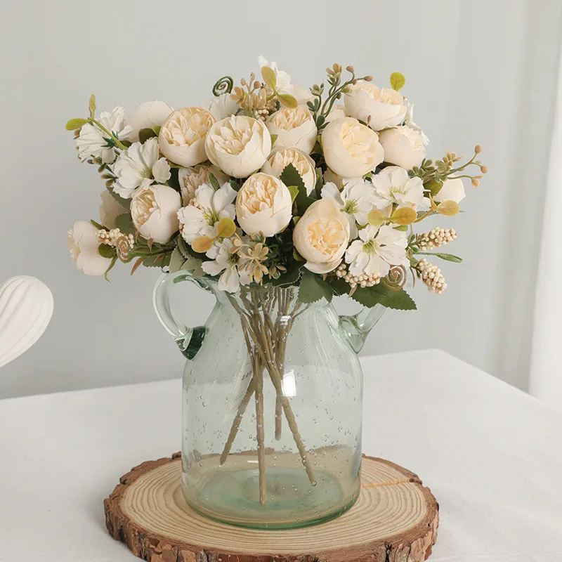 Künstliche Seidenrosen und Pfingstrosen, Teeblüten für Feiertage, Hochzeiten, Brautsträuße, Heimdekoration, Esstisch-Vasen, Herbstgarten-DIY-Dekorationen