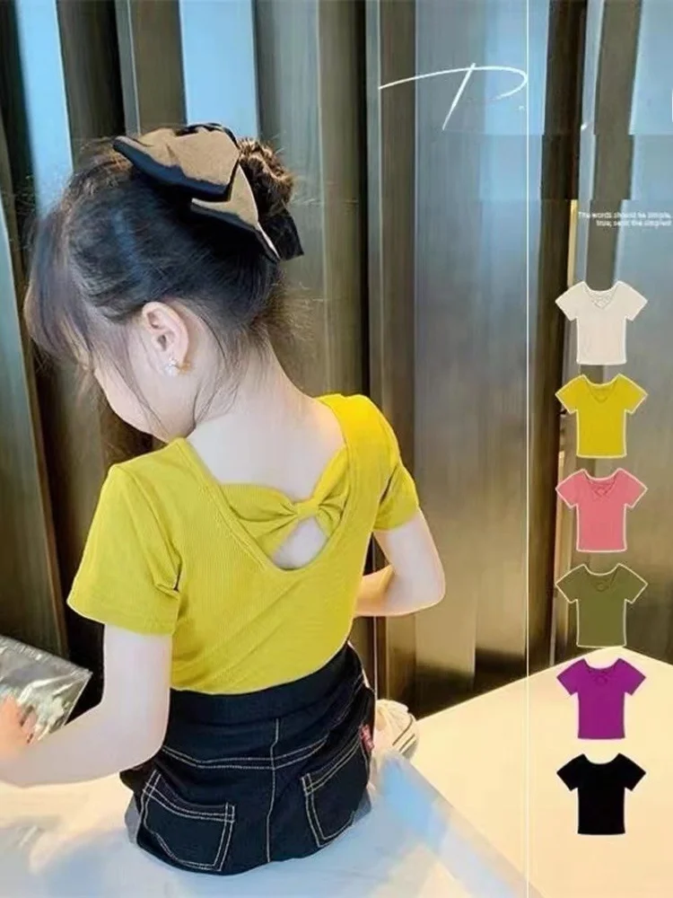 

Girls round Ne T-irt High Elastici ort Sve Color Knot Beautiful Ba Summer New Sle Korean Version