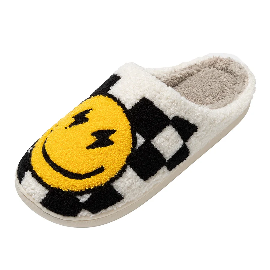 Big Smiling Face Women Home Slippers Warm Cartoon Checkerboard Grid Soft Sole Men Bedroom Non-slip Comfy Plush Shoes Winter