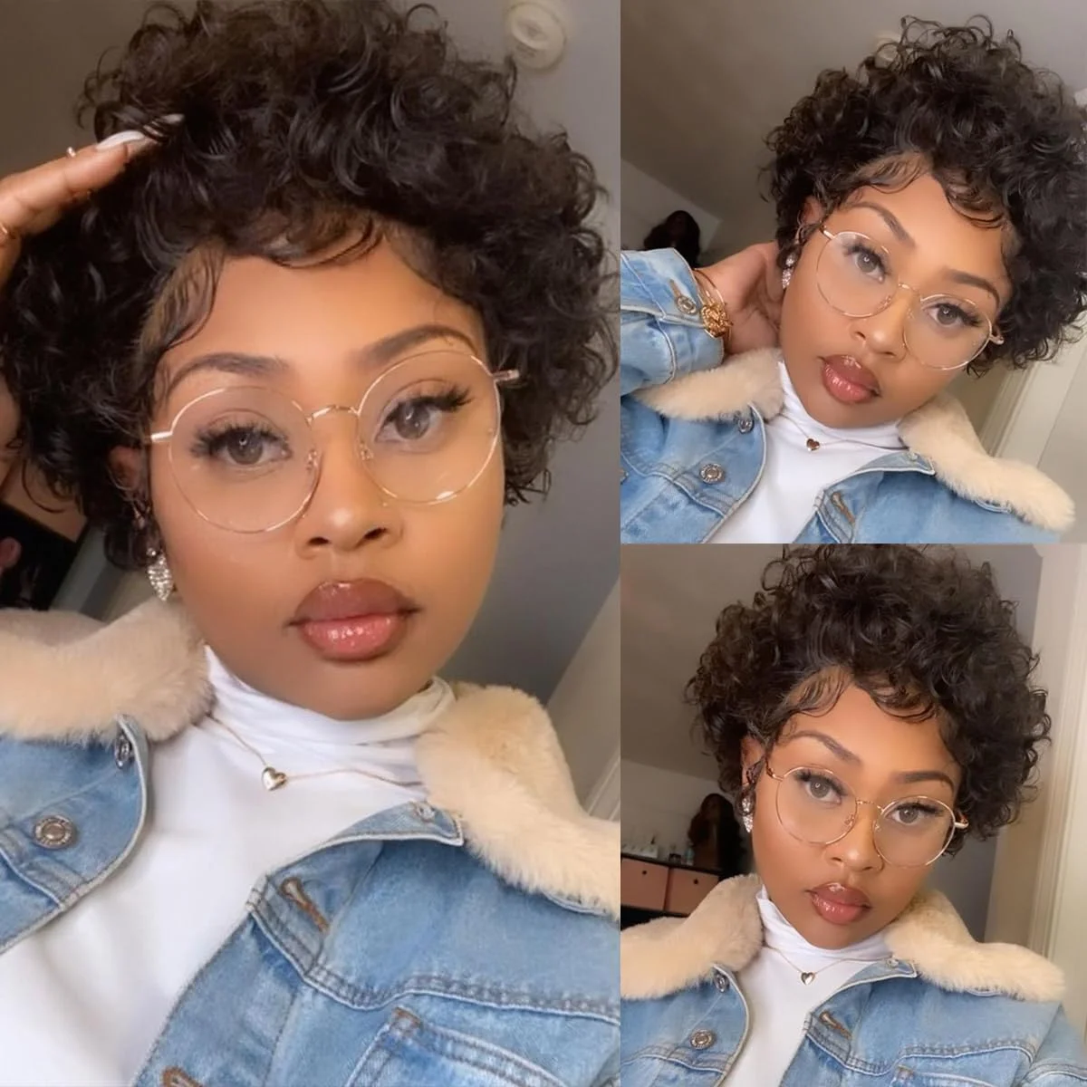 Short Kinky Curly Fluffy Pixie Cut Human Hair Wigs With Bangs No Lace Front Bob Female Wigs Full Machine Made for Black Women