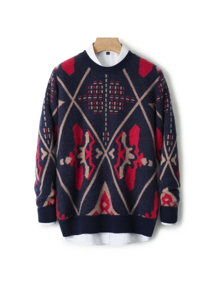 เสื้อสเวตเตอร์ไหมพรมขนแกะเมอริโนแท้ 100% สำหรับผู้ชาย รุ่นใหม่ ฤดูใบไม้ร่วง ฤดูหนาว คอทรงโอ หนานุ่ม สไตล์เรโทร ลายแจ็คการ์ด  ใส่สบาย อบอุ่น