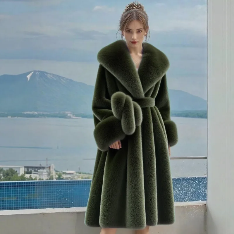 European and American New Winter Environmentally Friendly Fur Coat Coat Women's Long Big Fur Collar Fashion Thickened Fur Coat