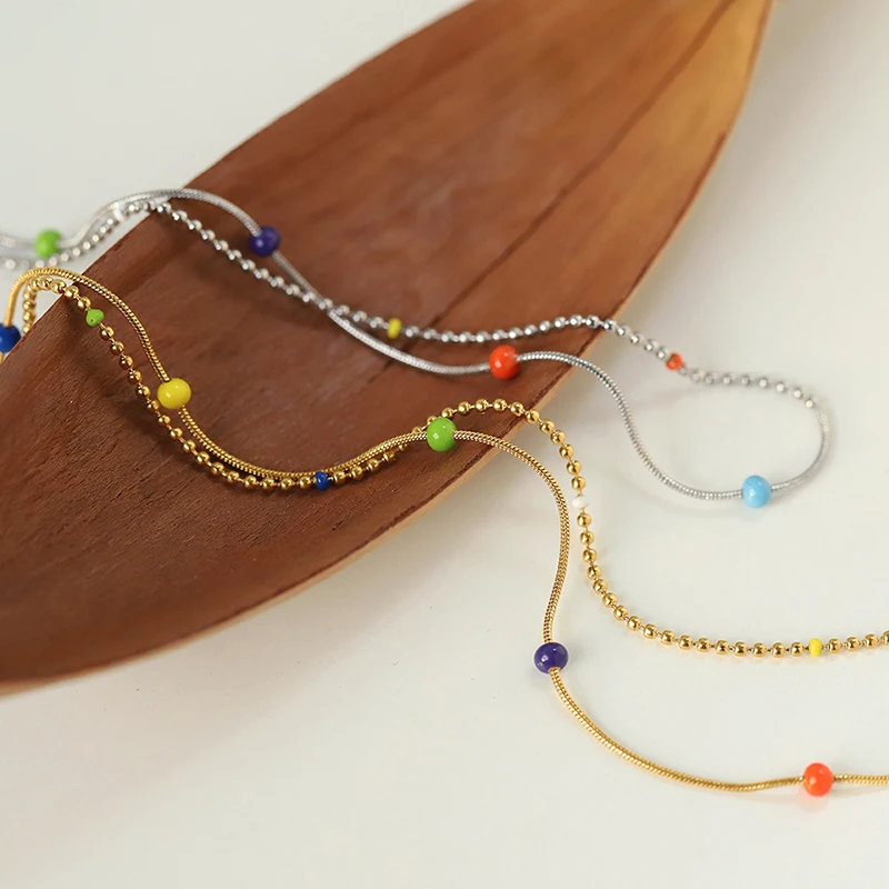 Dopamine Colorful Beaded Spliced Beads Chain Necklace for Women 18K Gold Plated Stainless Steel Stackable Choker Collar Gift