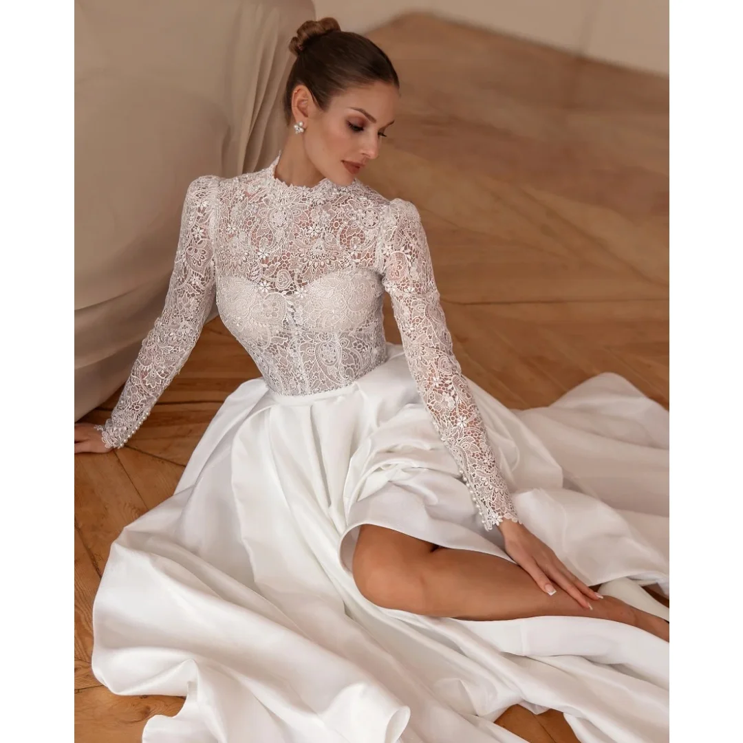

High Neck Lace Long Sleeves Wedding Dresses A Line Satin Slit Bridal Gown Party Dress Fashion robe de mariée Customized