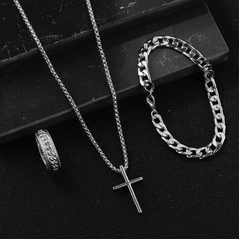 Punk Cross Pendant Necklace Bracelet Chain Ring Men\'s Set Simple Personality Hip Hop Party Three Piece Jewelry Accessories