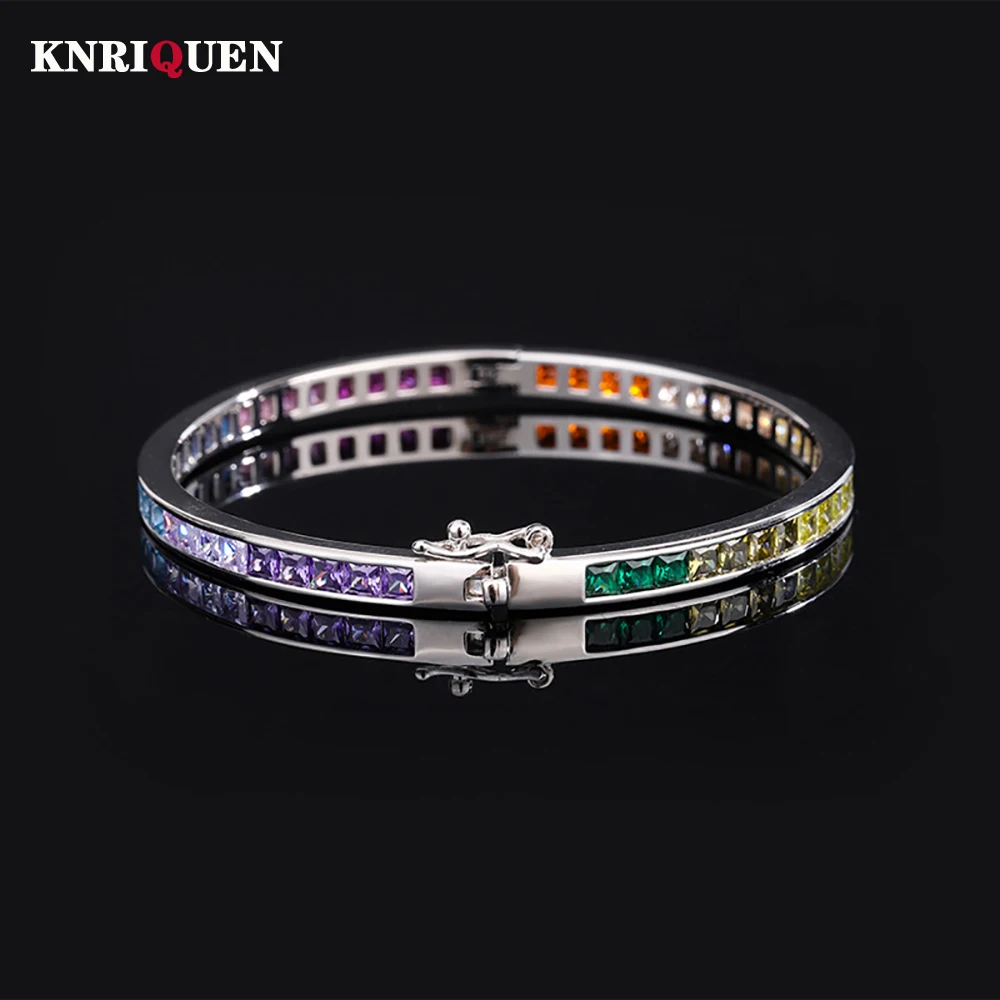 

Women's 100% 925 Real Silver Emerald Ruby Sapphire Colorful Gemstones Wedding Bracelet Party Fine Jewelry Birthday Gifts 16-17cm