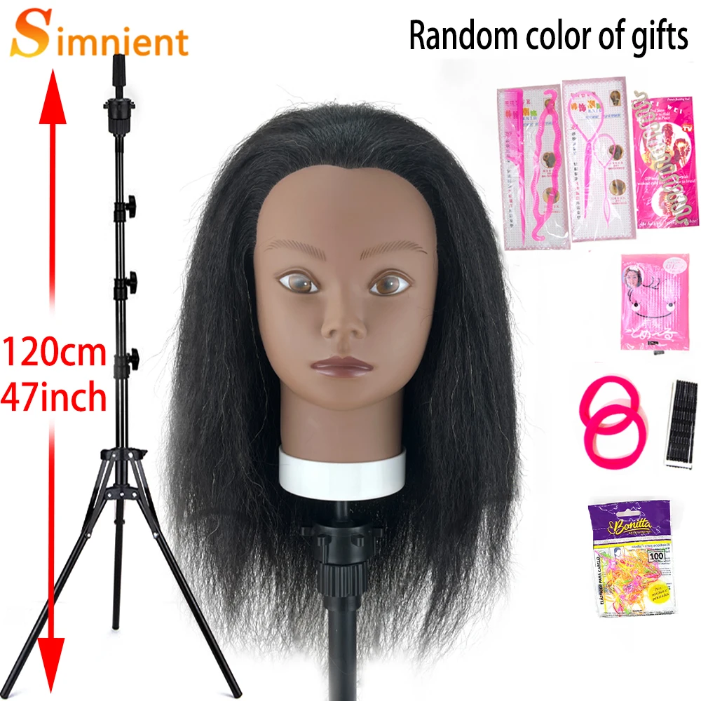 Afro Mannequin Head With Tripod For Braiding Hair Dolls 100%Real Hair Training Hairdresser Model Natural Hairdressing Kit Wigs