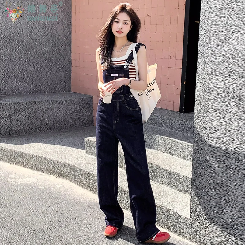 Y2k Women's Straight Leg Cowboy Overalls Chic Blue Wide Leg Jeans Autumn Loose Denim Jumpsuit Outdoor Sportswear Causal Outfits
