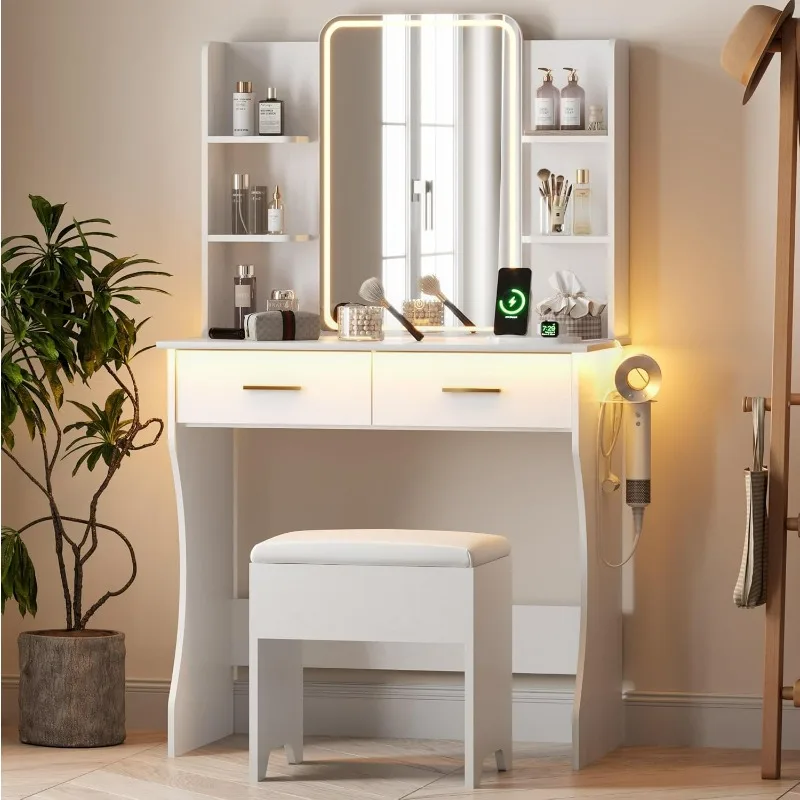 Small Vanity Desk with LED Lights, White Vanity Mirror with Lights Desk and Chair, 3 Lighting Adjustable Compact