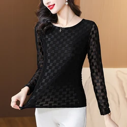 Women Fashion Jacquard Lace T-shirt Female Autumn O Neck Long Sleeve Elastic Chic Tops M-4XL