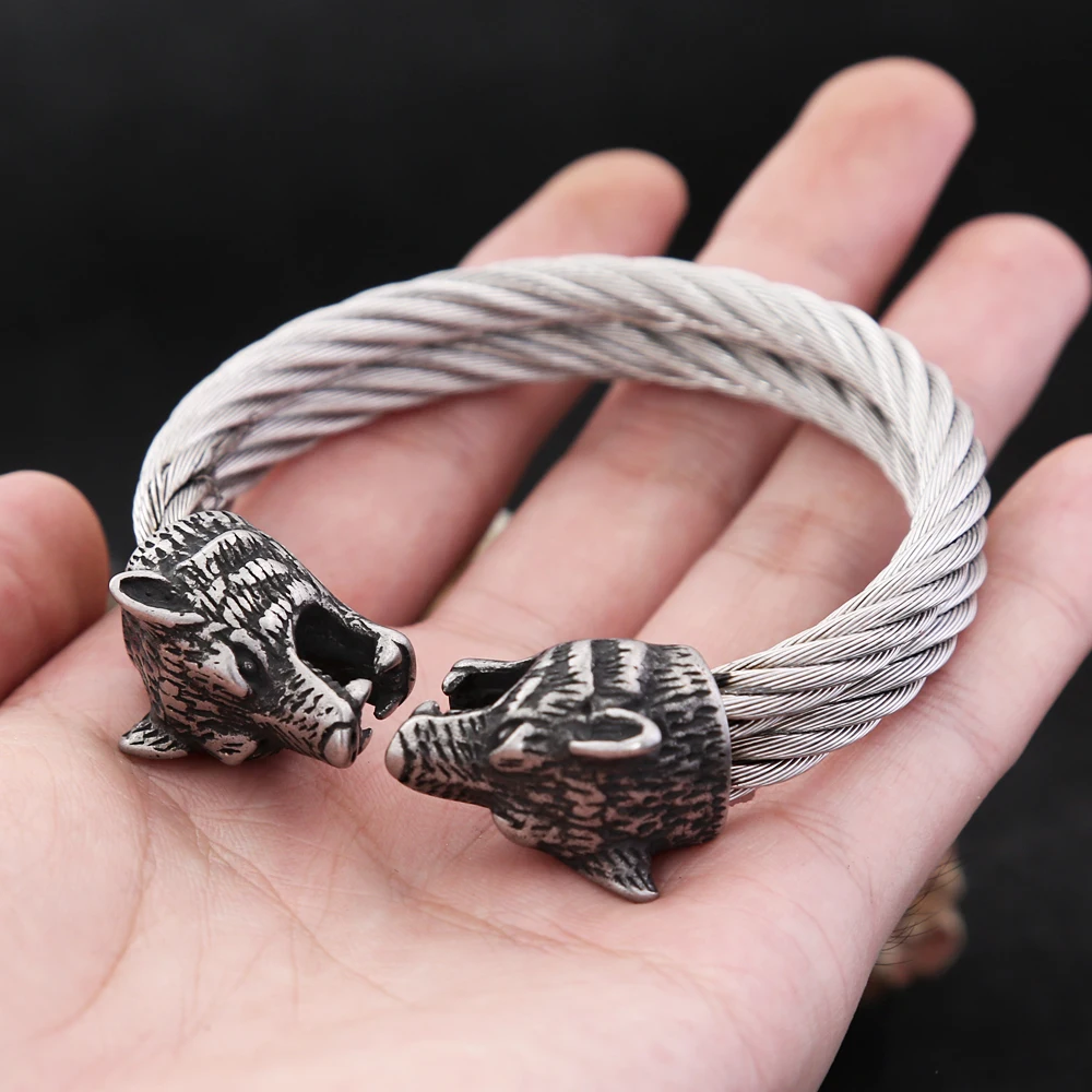 Fashion Retro Viking Double Wolf Head Bracelet for Men Punk Stainless Steel Twisted Cable Open Cuff Bangle Bracelet Dropshipping