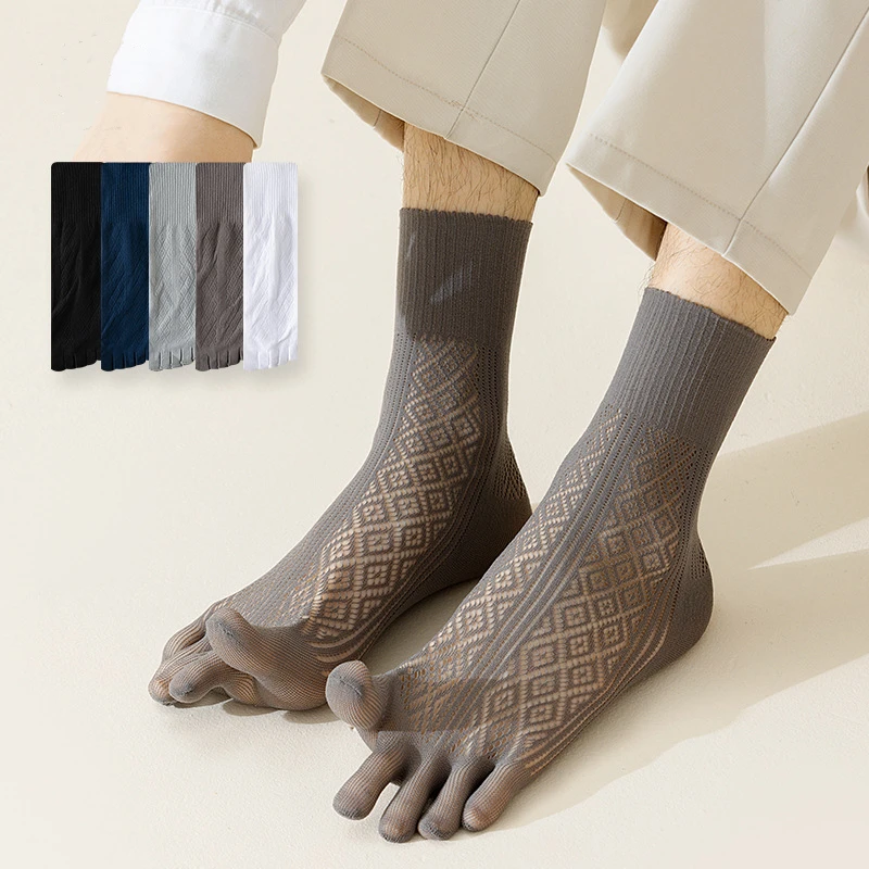 

5 Pairs Summer Men Five Finger Socks Solid Color Diamond Pattern Thin Breathable Elastic Sweat-Absorbing Men Split Toe Socks