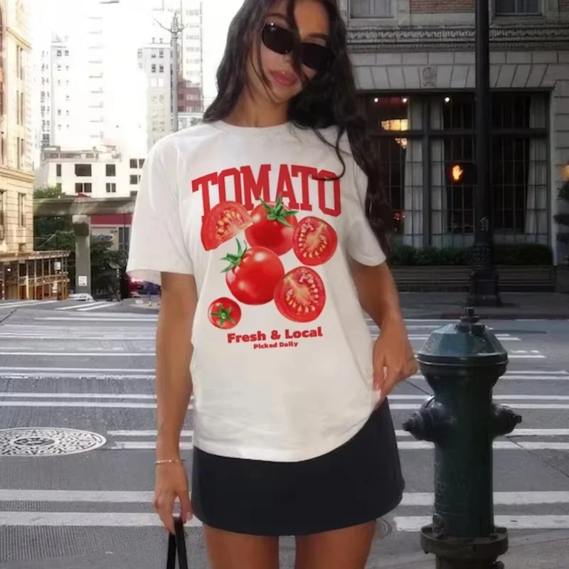 

Fresh Tomato Printed T-Shirt Short Sleeve Cute Aesthetic Streetwear Tops Garden Shirt Women Cottagecore Vintage Y2k Clothing