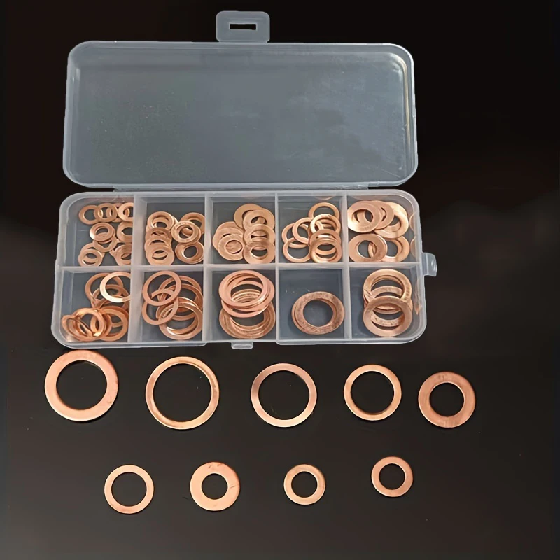 100/200pcs Copper Washer Gasket Nut And Bolt Set Flat Ring Seal Assortment Kit Tool With Box M5/M6/M8/M10/M12/M14 For Sump Plugs