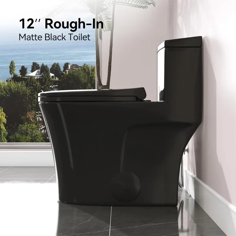 HOROW T0338WB Elongated One Piece Toilet Black, Compact Modern Toilet with Comfortable Seat Height, ADA Chair Height 17.3