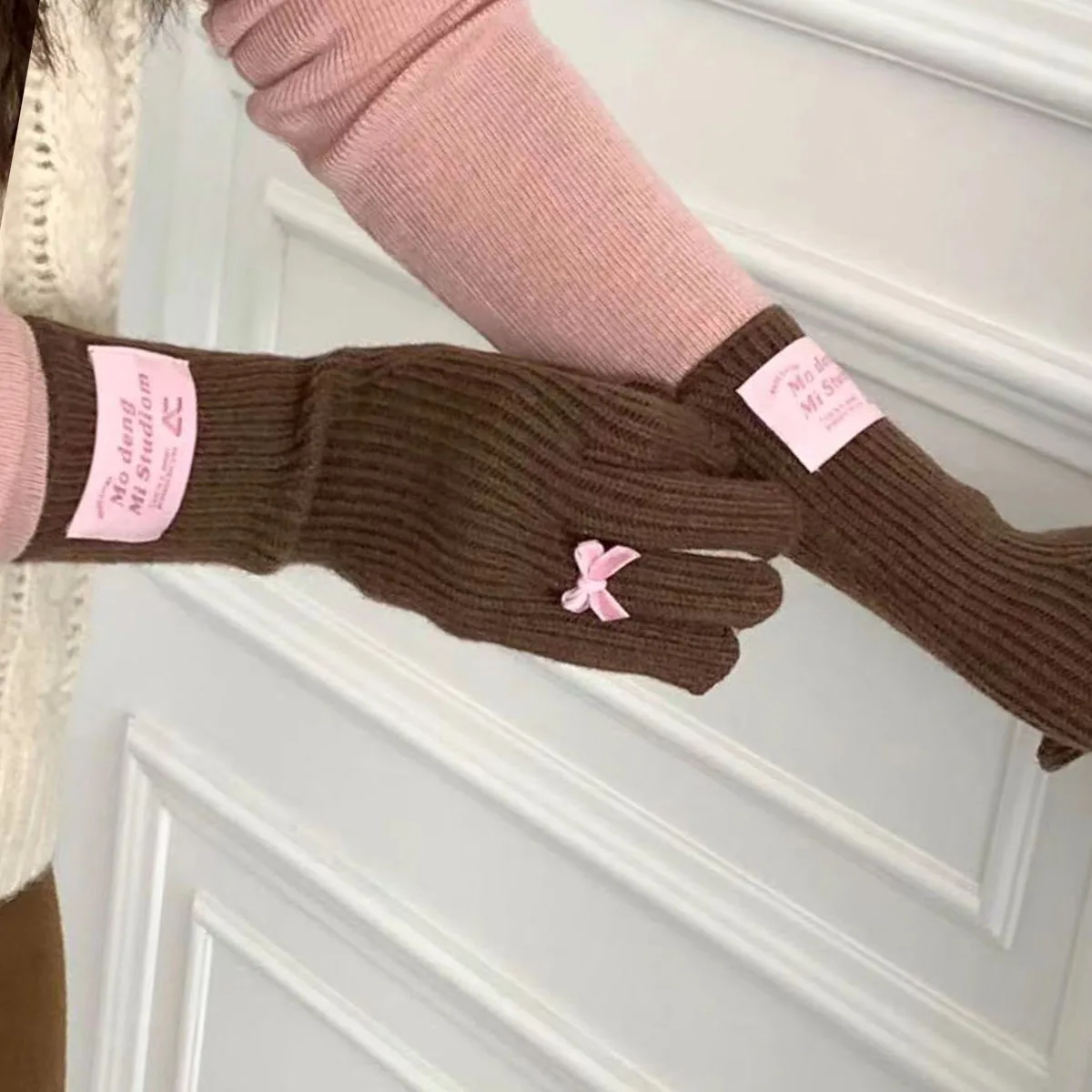 

Bow Knot Knitted Woolen Gloves Female Winter Screen Student Riding Split Finger Thick Warm Gloves Korean Label Women Gloves