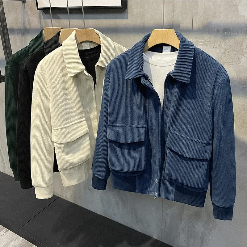 Autumn Clothing Men\'s Corduroy Korean Jacket Fashion Casual Lapel Zipper Pocket Streetwear Luxury Coats 2024 New Leisure Clothes