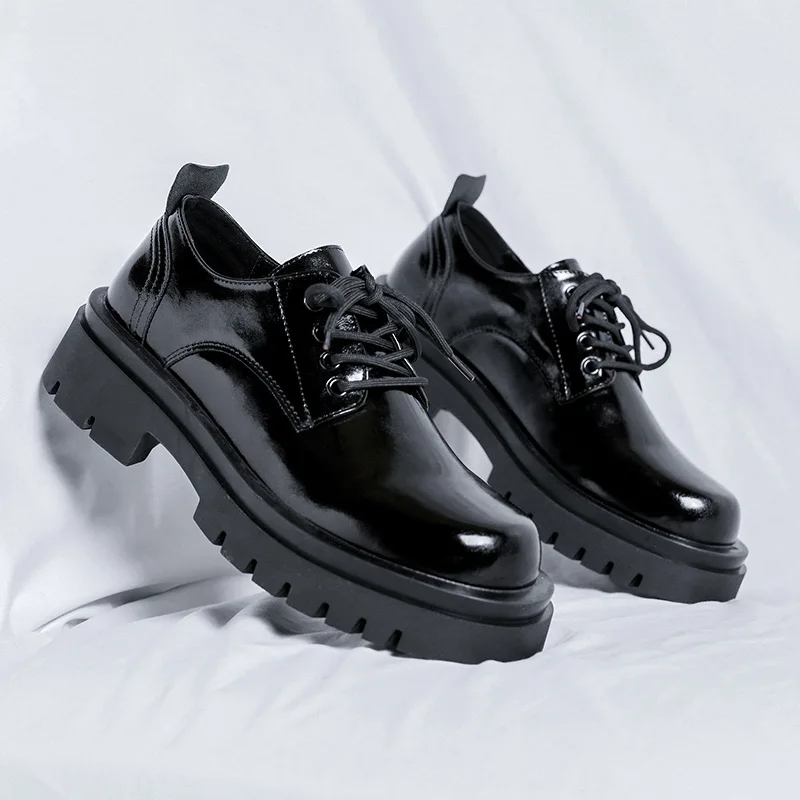 

men casual business wedding formal dress patent leather shoes black stylish lace-up derby shoe gentleman platform footwear male