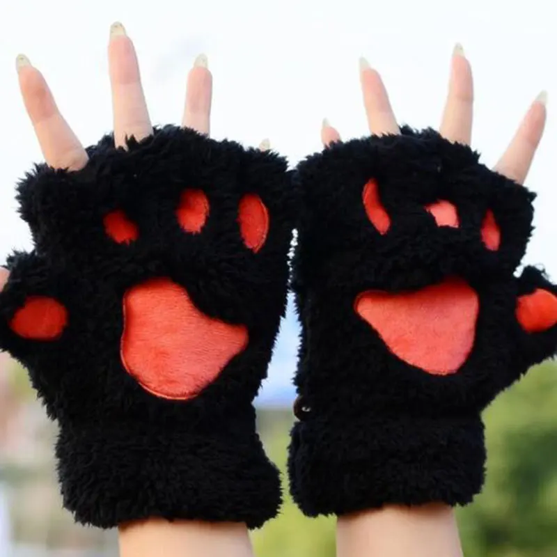 Winter Faux Fur Half-finger Gloves Plush Cat Paw Claw Mittnes Cute Kitten Fingerless Glove Women Bear Warm Fingerless Glove