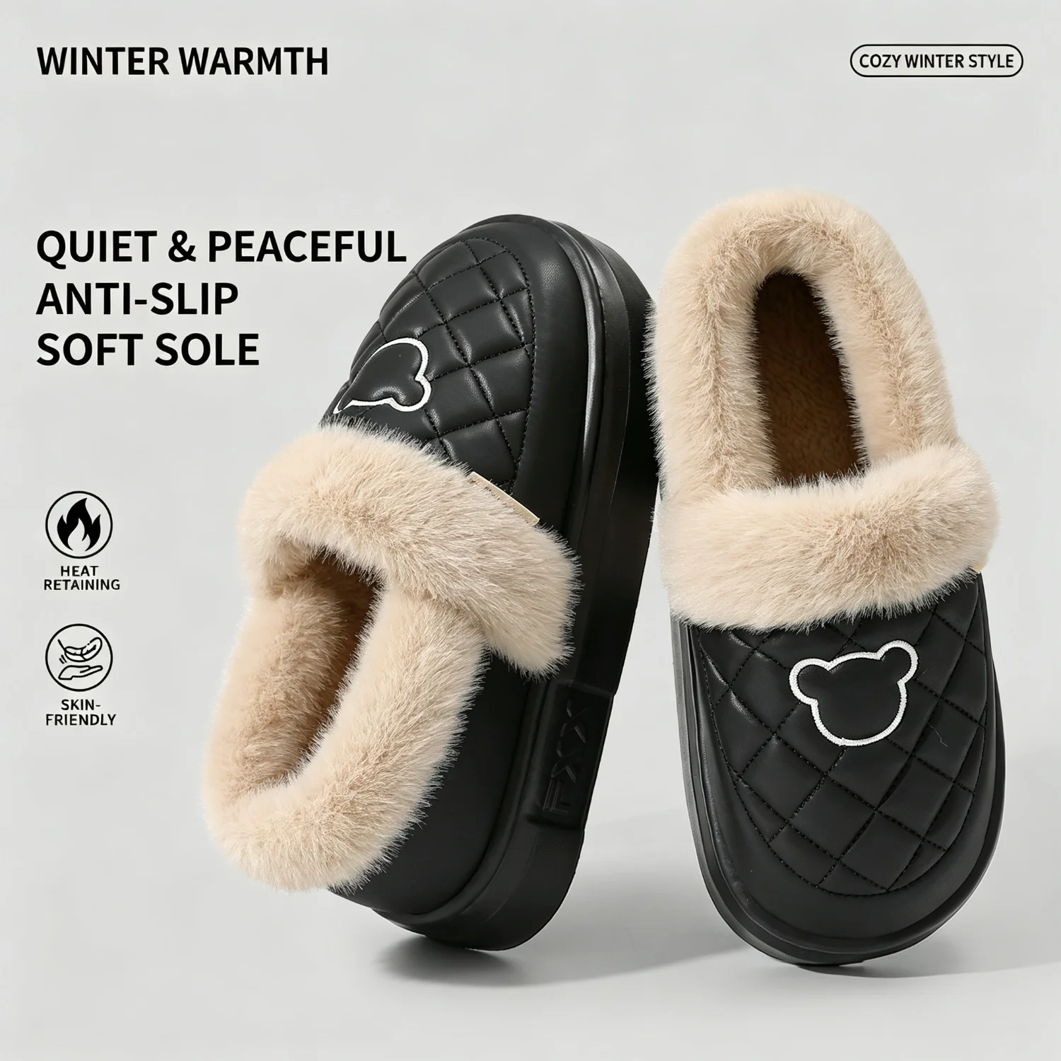 Winter-Wasserdichte Hausschuhe für Damen und Herren, mit dicker Sohle, warmem Plüschfutter, Bärenstickerei, rutschfest, weich, elastisch, für den Innenbereich. – Detail 5