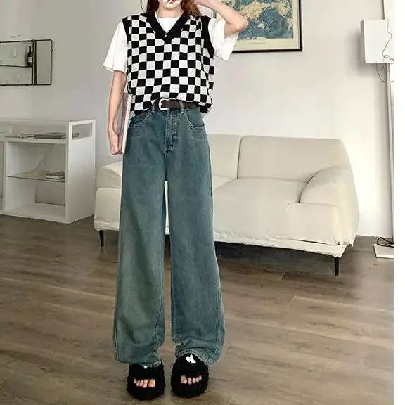 Retro blue wide leg jeans women's American loose high waist slim straight pants floor mopping trousers